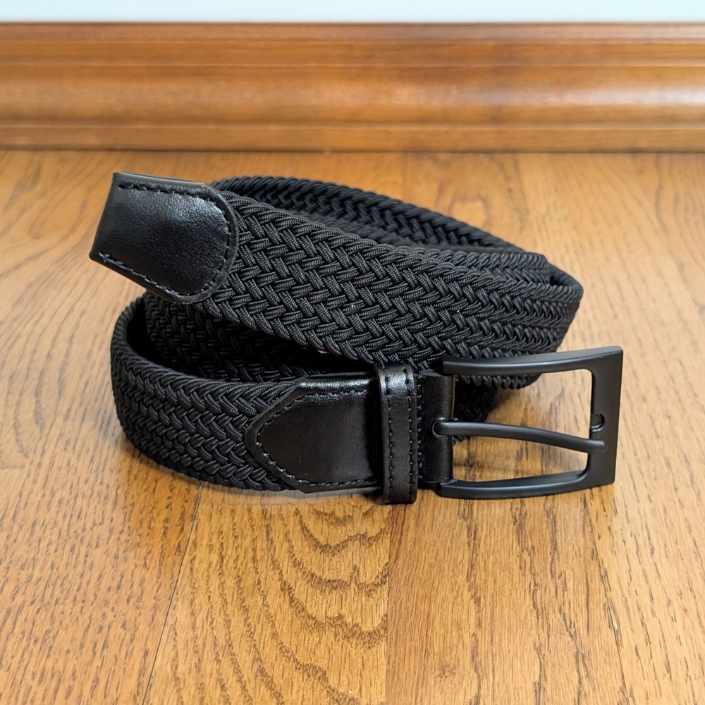 Men’s Black Woven Stretch Belt Braided Elastic No Holes Casual Golf Belt